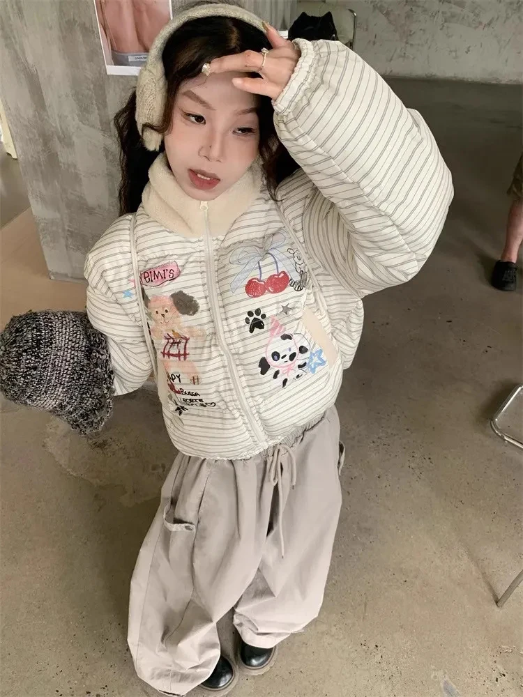Parka con stampa cartoon preppy donna inverno vintage a righe Kawaii cappotti caldi gonfi colletto alla coreana retrò americano capispalla streetwear