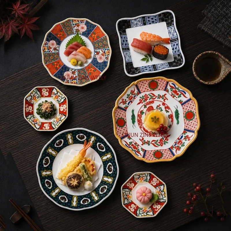 1PC Japanese Melamine Plates Retro Colorful Dinner Plates Not Easily Broken Plastic Tableware Sushi Snack Dessert Fruit Plate
