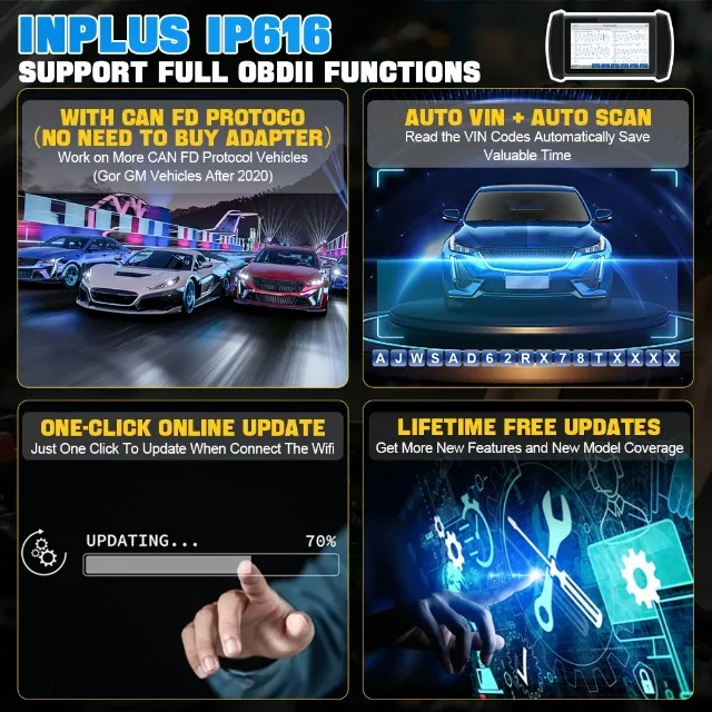 For XTOOL InPlus IP616 All-System Automotive Scanner Free Lifetime Updates 31+ Reset Function Car Diagnostic Tool Built-in XTool