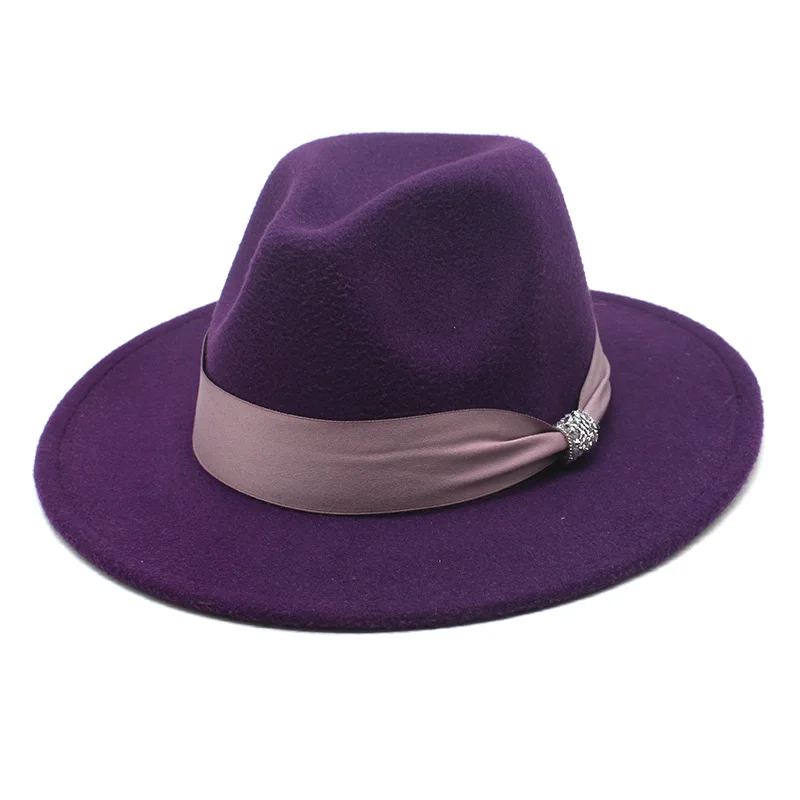 

New Autumn And Winter Flat Brim Woolen Purple Top Hat Casual Wide Brim Black All Match European And American Round Face Suitable