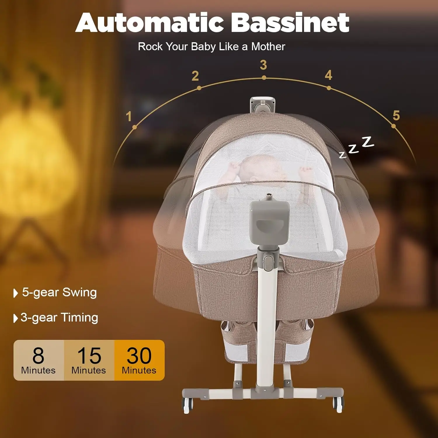 Berço Elétrico Inteligente para Bebês com Música, Berço Automático com 3 Velocidades de Temporização e 5 Velocidades de Oscilação, Cama Portátil para Bebês com Altura Ajustável, com Redes e Colchões