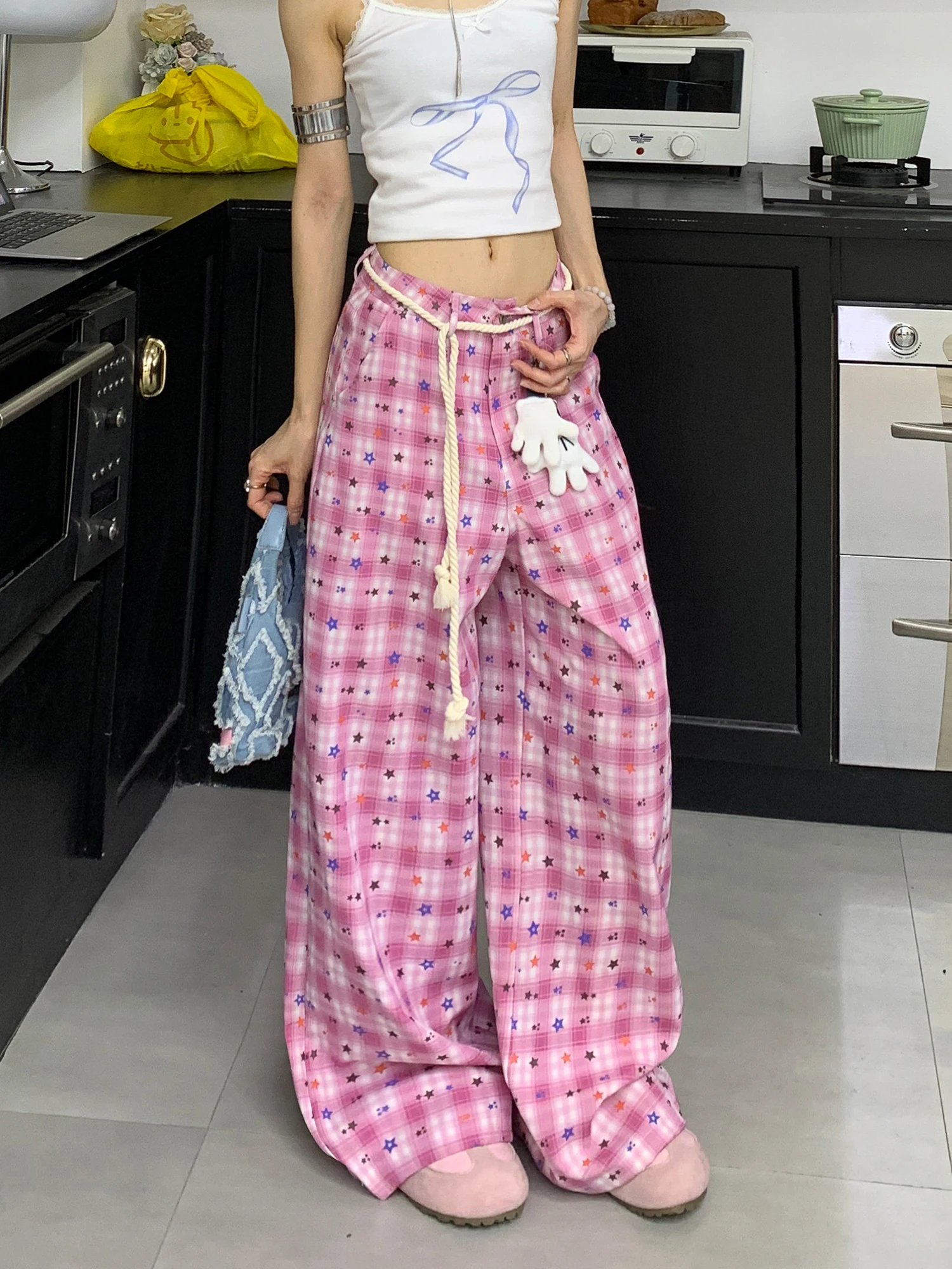 

Cool Lazy Girl American Sle Plaid Straight Leg Pants Autumn Casual Wide Leg Trousers Star Hanging Decoration Women's Jeans