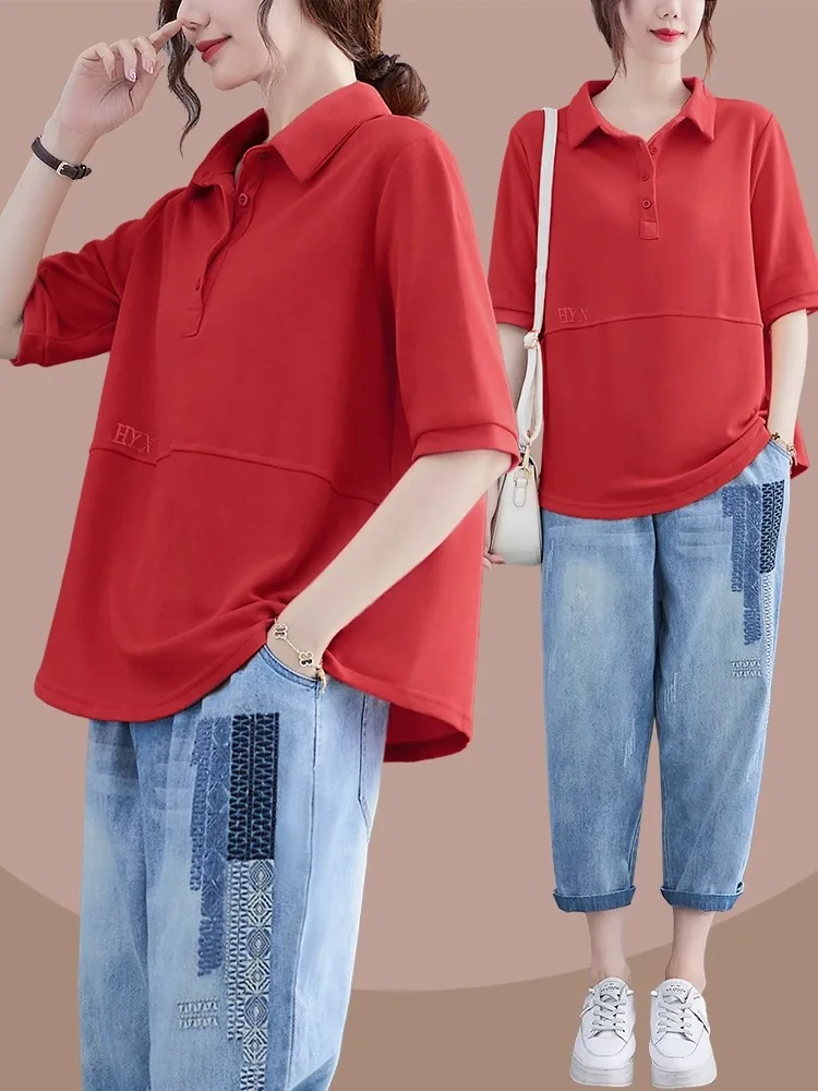 ゆったりとした純綿の女性用トップス、折り返し襟、新作、スリムでファッショナブル、通気性があり、吸汗性...