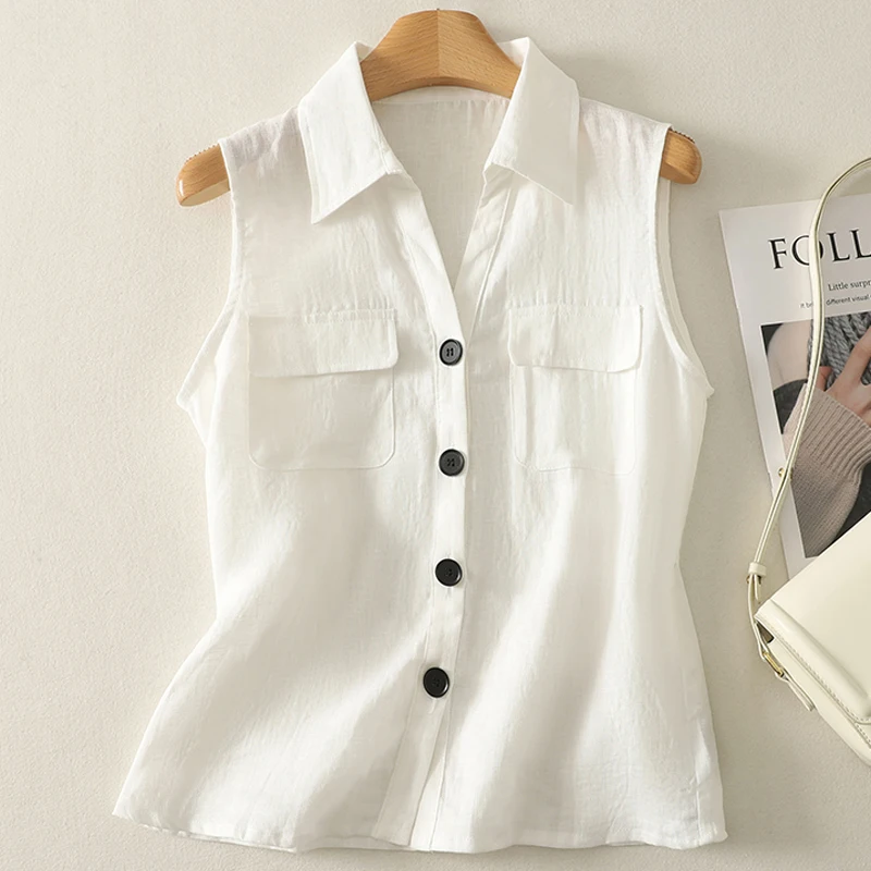 

l хлопково-льняной жилет Svel irt, женский повседневный свободный крой, дышащая летняя верхняя одежда, однотонный универсальный верхний слой