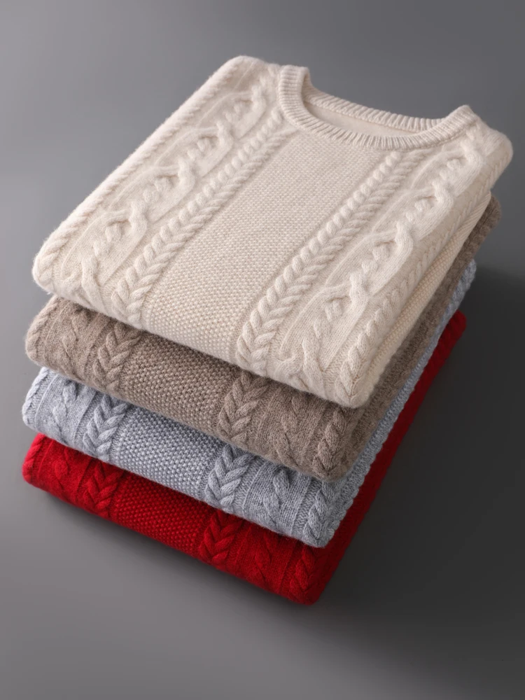 O-Neck Cable Stitch Pullover Autumn Winter Men's 100% Merino Wool Knitted Sweater Smart Casual Tops Soft Warm Fashion Clothing