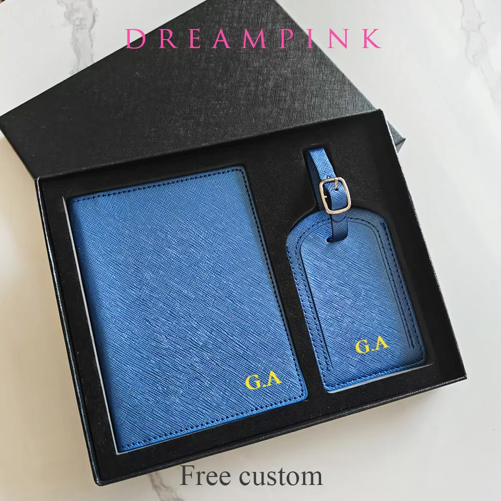 Personalize Initials Travel Saffiano Passport Holder Luggage Tag Set Gift Box Custom Name Logo Women Men Travel Accessories
