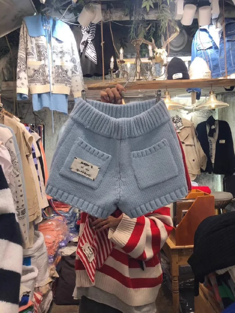 Pantalones Cortos De Mujer Autumn Wild Knitted Casual Letter Shorts Women Wide Leg Pocket Feminino Y2k