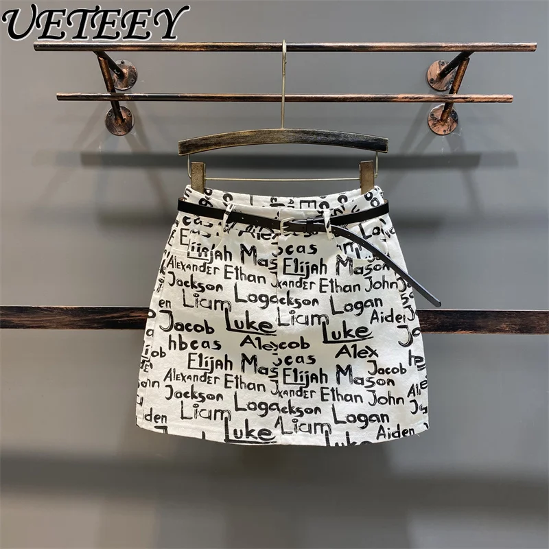 Summer New Letter Printing Trend Short Jean Skirt Female Slimming High Waist A-line Hip-wrapped Denim Mini Skirts Tide