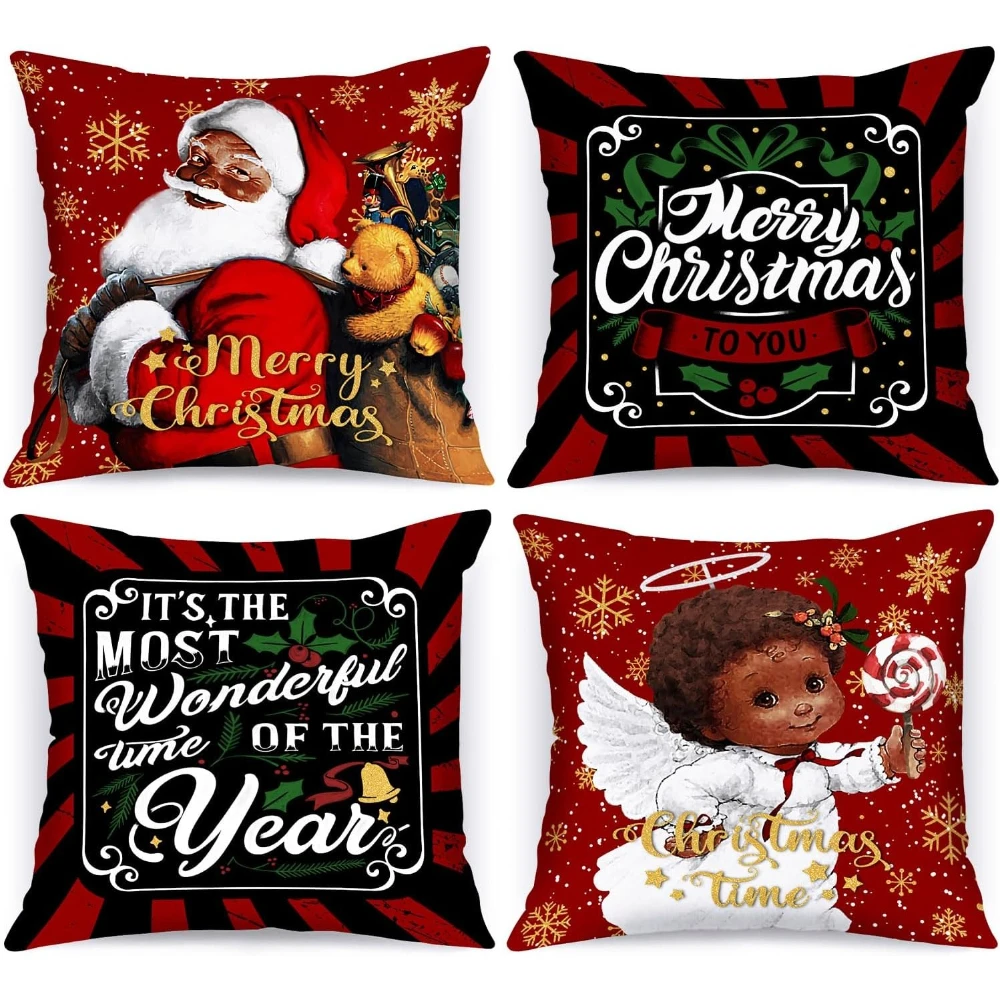 Lanpn Black Santa 18x18 Christmas Pillow Covers Set of 4, Black African American Claus Girl Decorative Holiday Throw Pillow Case