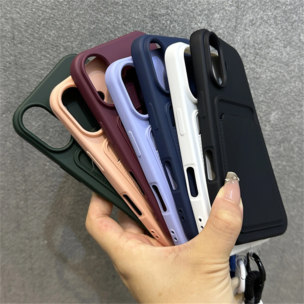 Card Slot Wallet Holder with Wrist Strap Phone Case for iPhone 13 15 16 Pro Max 11 12 14 Plus X XS XR Nylon Lanyard Bumper Cover