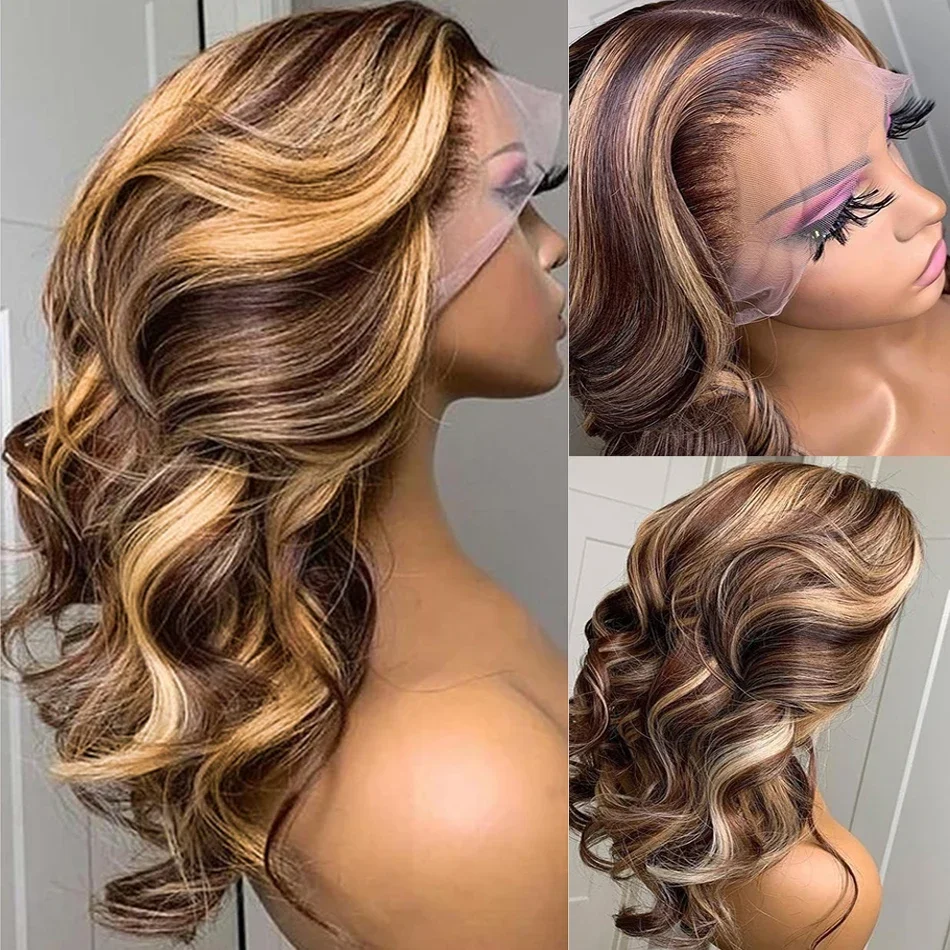 Honey Blonde Body Wave Lace Front Wig para mulheres, peruca de destaque, cabelo humano colorido, perucas frontais de renda 13x6, 30 in