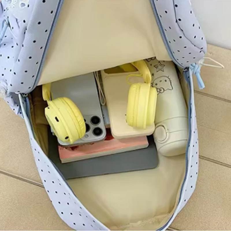 Modischer Rucksack, Damen-Schulrucksack mit Polka-Dot-Muster, süßer Spitzenbesatz, koreanischer leichter Schulrucksack mit großer Kapazität für Mädchen und Studenten – Detail 4