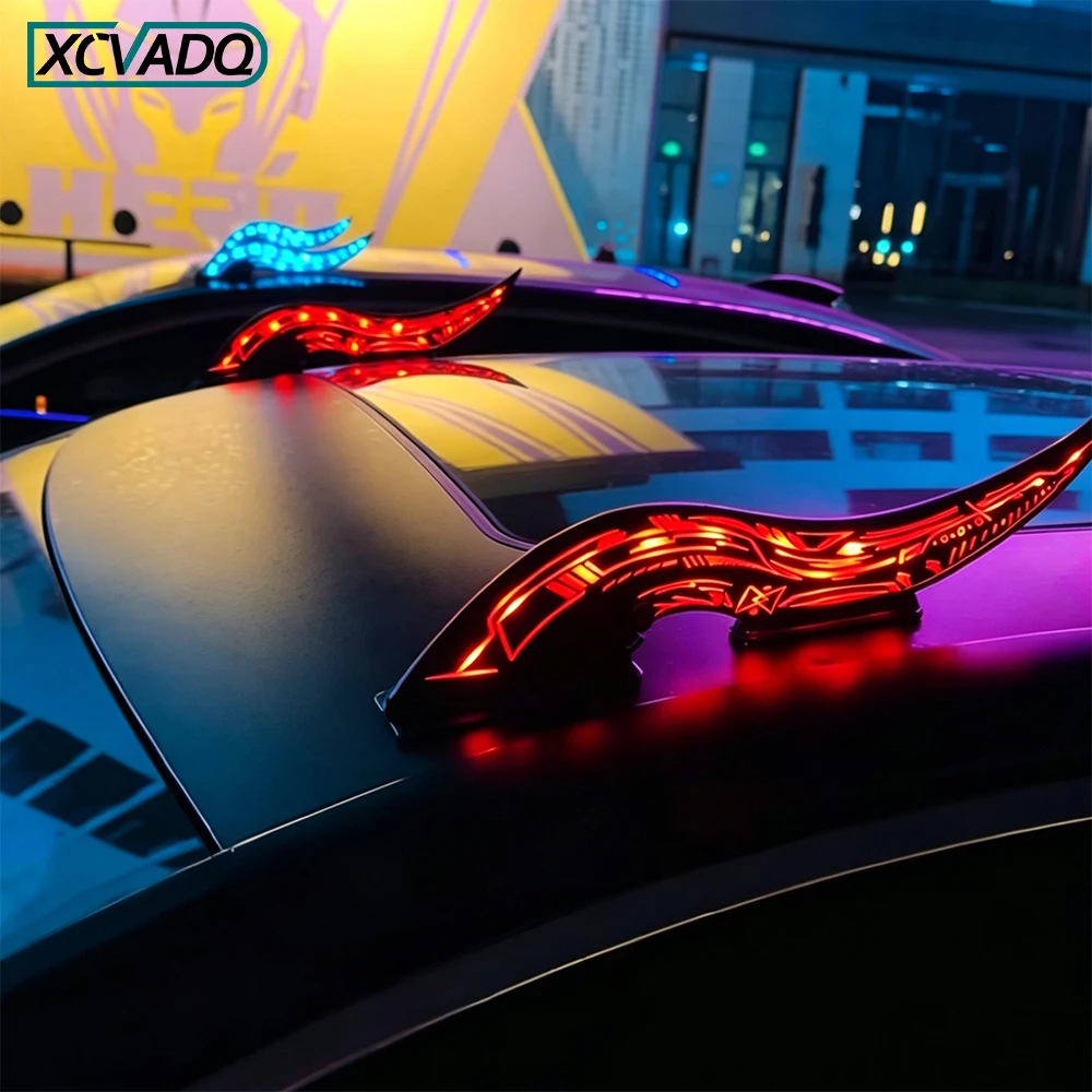 Creative LED Dragon Horn Car Roof Fin Decor,Remote‑Controlled 32 Color Light Effects, Devil Horn Exterior Ornament for Most Cars