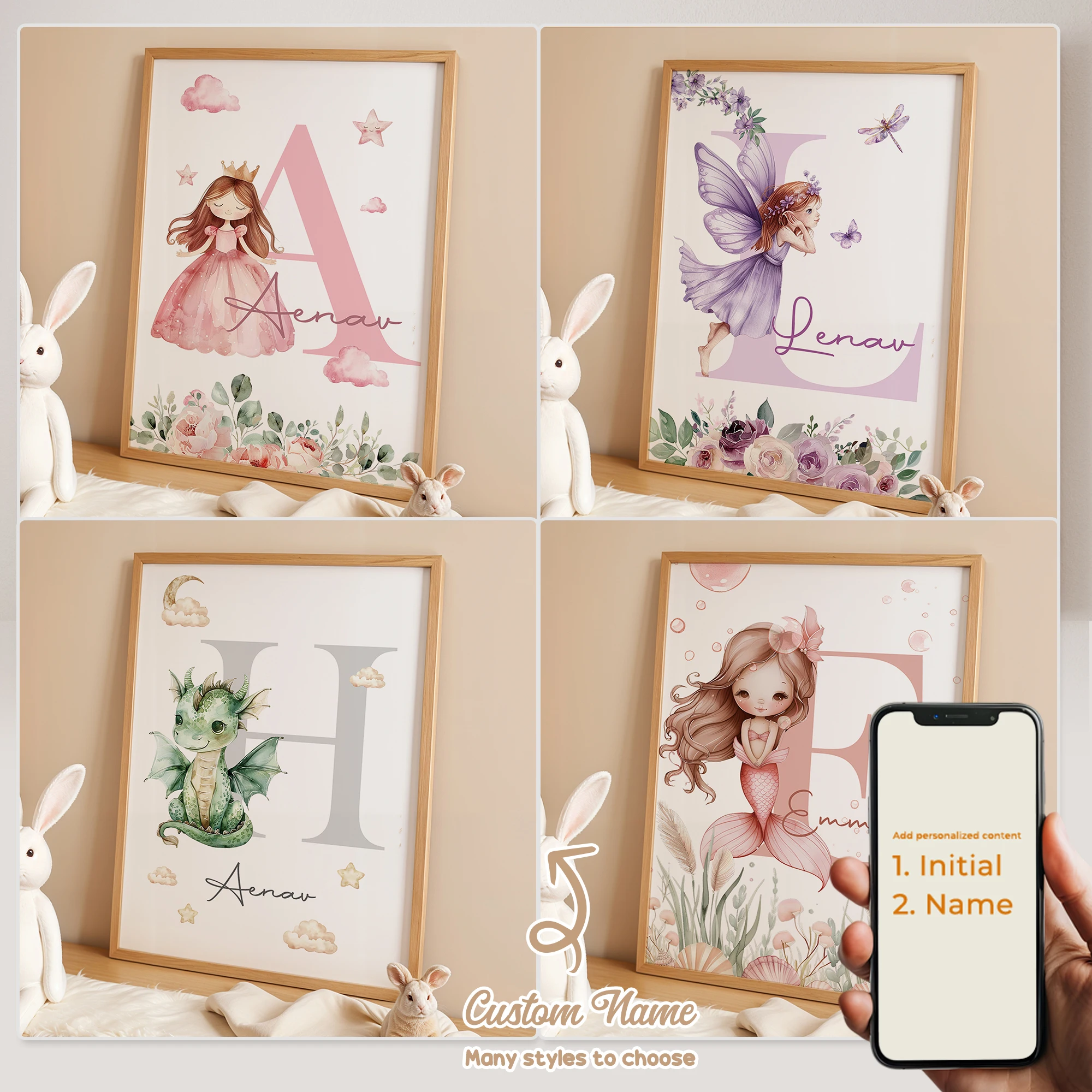 Personalized Custom Name Cartoon Princess Mermaid Wall Art P
