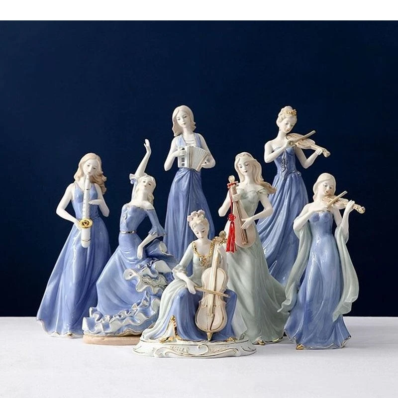 Beauty Girl Symphony Orchestra Statue Musician Dancer Character Ceramic Sculpture Desk Decoration Gold Plated Crafts Ornaments