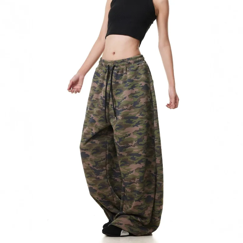New American Retro Trendy Brand Drawstring Camouflage Sweatpants Women's Summer New Casual Straight Loose Wide-leg Trousers