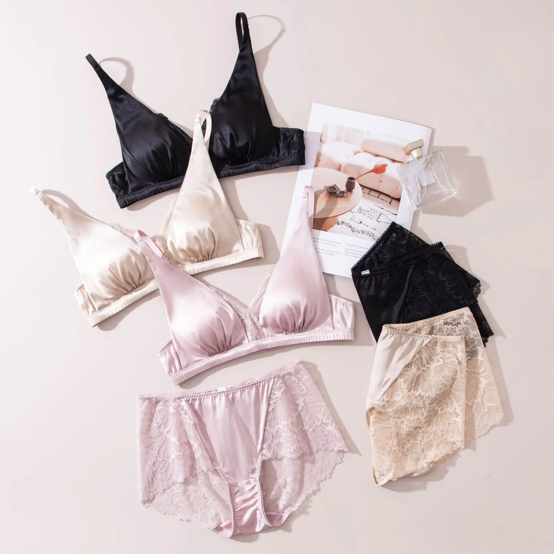 Sexy French Lace V Neck Bralette Set with Anti-Slip Straps Satin Triangle Cup Wireless Lingerie Includes Panties