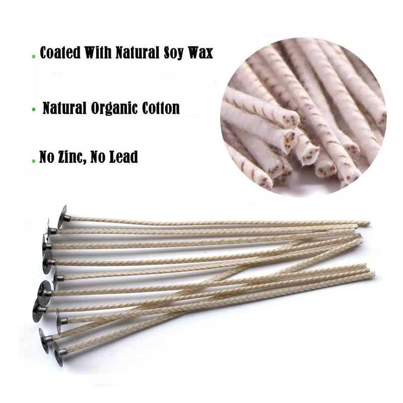 JHD-100Pcs ECO Wicks For Soy Candles, 8 Inch Pre-Waxed Candle Wick For Candle Making,Thick Candle Wick With Base