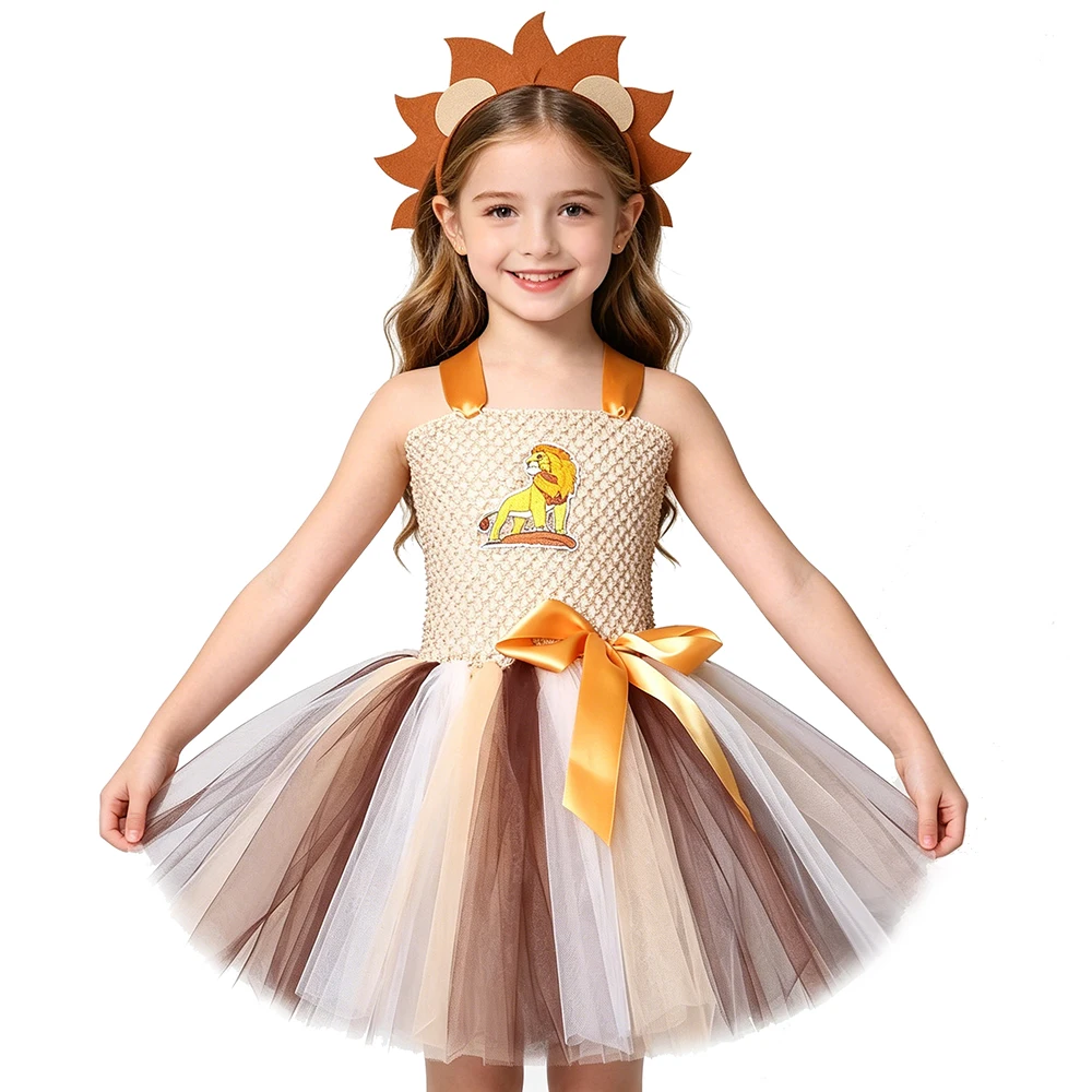 Lion Themed Tutu Dress for Girls Jungle Animal Halloween Costumes Children Princess Birthday Party Outfit Fancy Dress Up Clothes