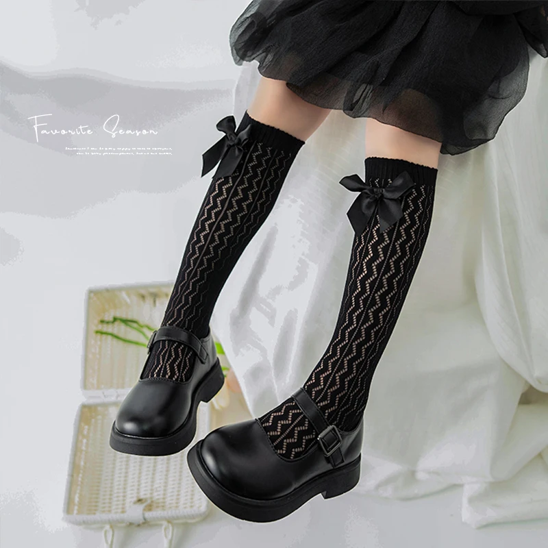 Lolita Girls Long Slouch Socks Vertical Striped Wavy Hollow Mesh With Large Bowknot Decoration Soft Breathable Elastic Stockings