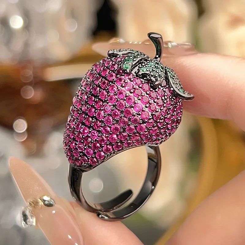 Adjustable Cute Strawberry Shaped Ring Vivid Pink with Green Accents Embellished with Sparkling Zirconia Women Fashion Jewelry