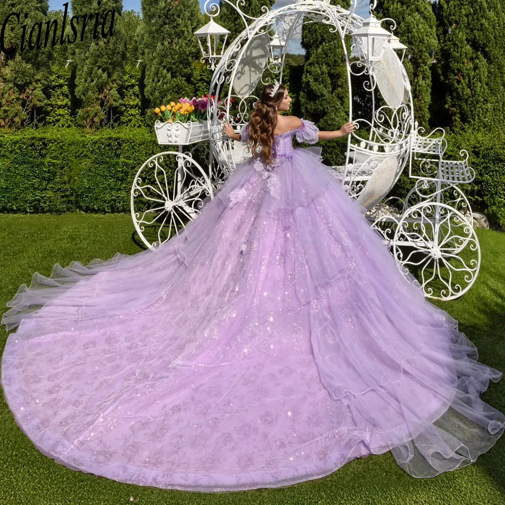 Lilac Quinceanera Dress Ball Gown Applique Tulle Puffy 3D Floral Sweet 16 Girl Princess Birthday PageantEvening Dress