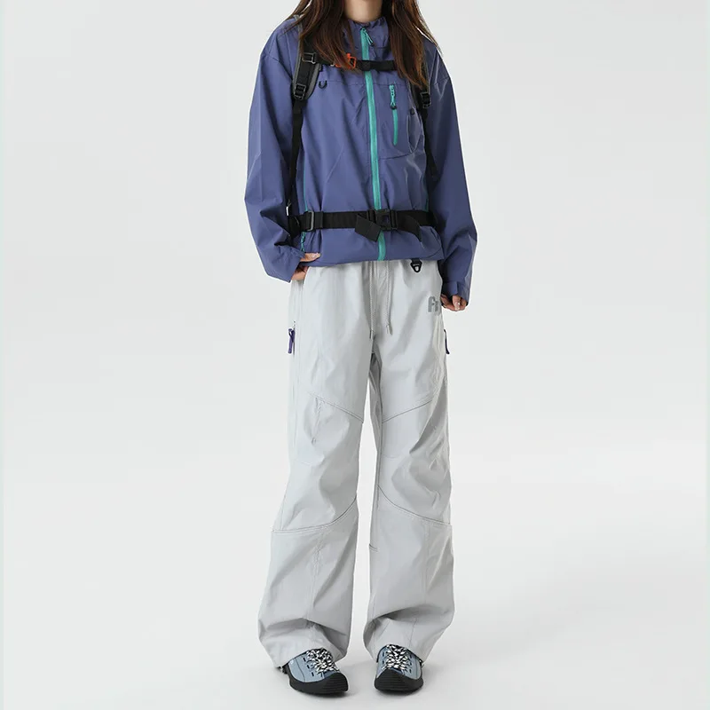 Unisex Outdoor Cargo Pants Windproof Waterproof Hiking Trousers Drawstring Waist Loose Straight Leg Functional Tactical Pants Ca