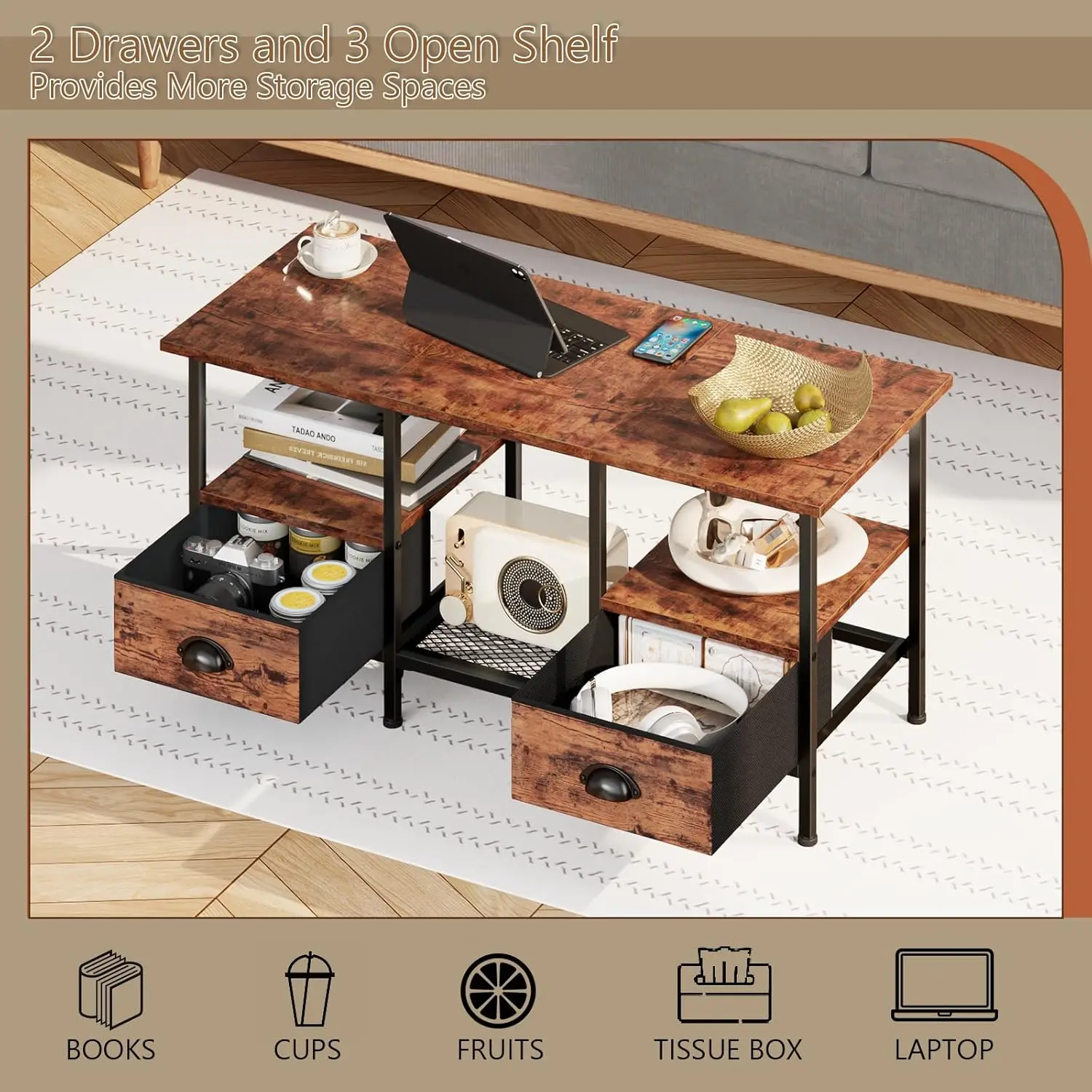 Furologee Coffee Table With 2 Fabric Drawers, 35Inch Small Coffee Table For Living Room, 2-Tier Central Table With Storage