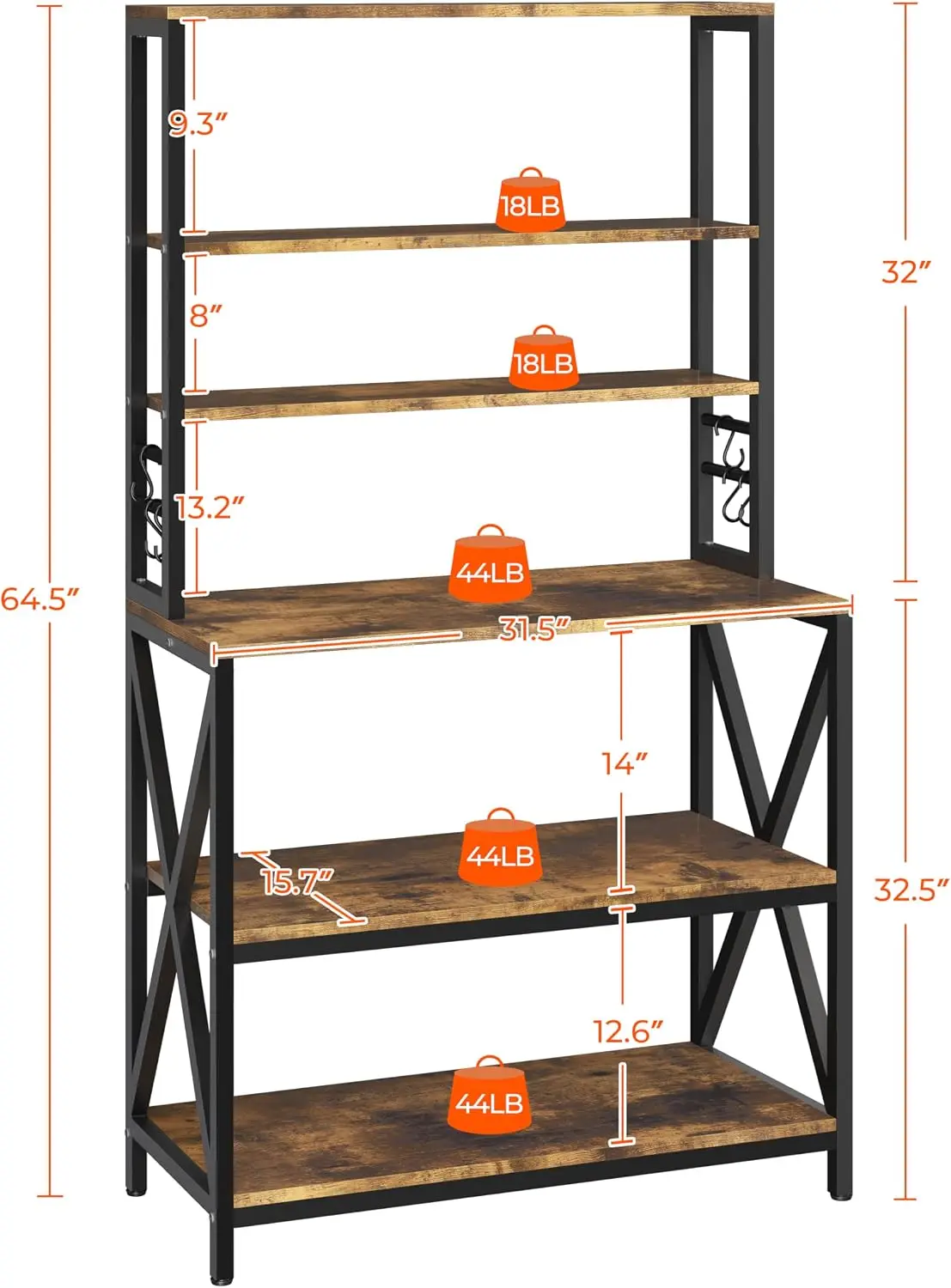 6-Tier Bakers Rack,31.5“Coffee Bar,Microwave Stand,Rustic Brown | Farmhouse Microwave Oven Stand Cabinet for Small Spaces, Corner Organizer Storage Shelf for Spices and Pots
