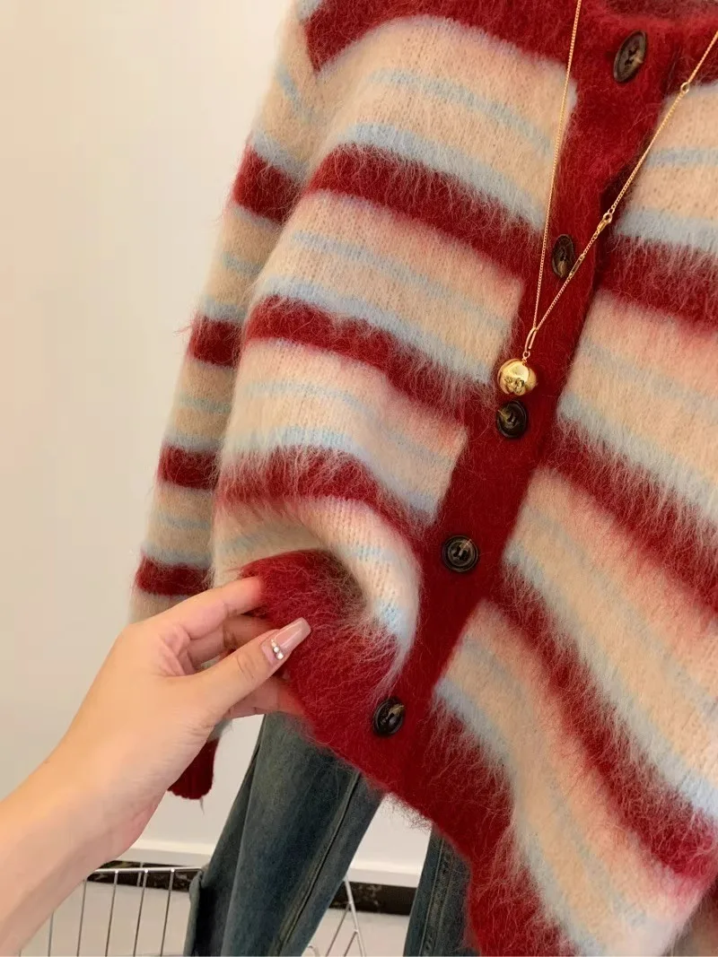 Sweet Red Striped Mohair Knitting Cardigan For Women Autumn Winter New Fashion Round Collar Single Breasted Sweater Coats