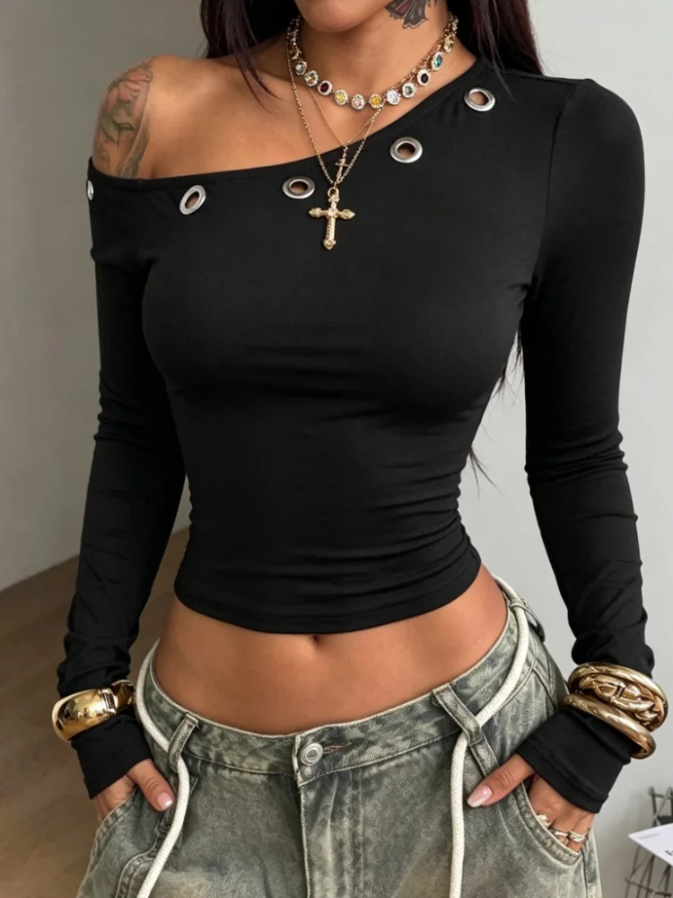 Women Y2K Street Punk Slim Fit Bodycon Crop Top Irregular Diagonal One Shoulder Exposed Long Sleeve Daily Street Outfit Female