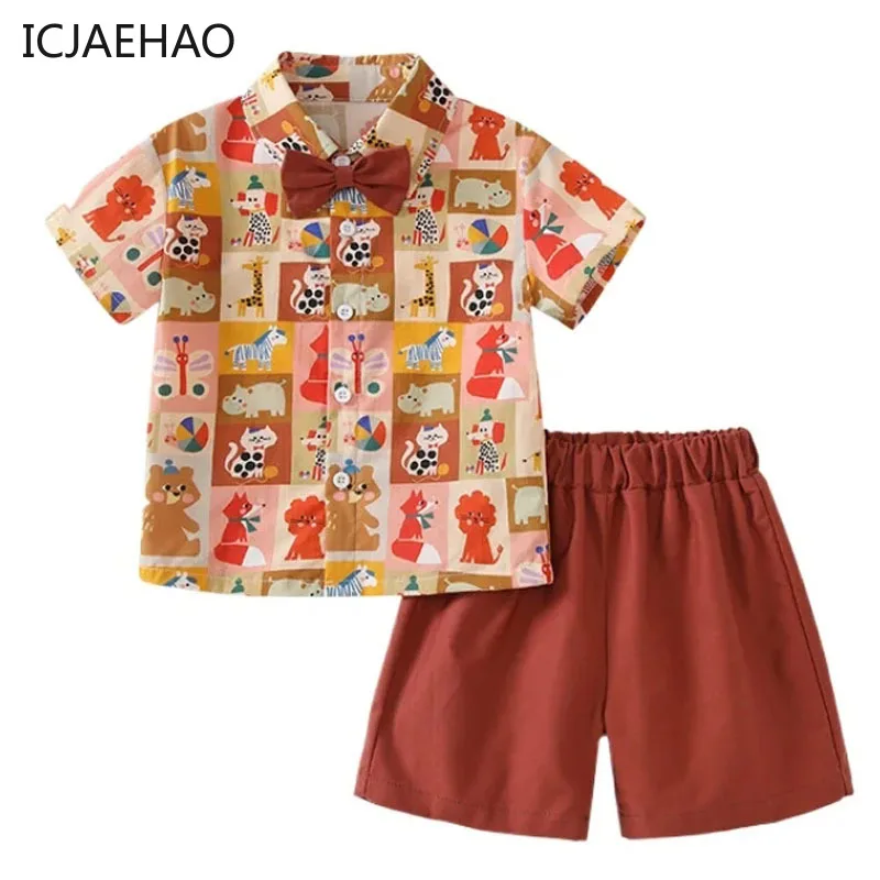 ICJAEHAO 2024 Kids New Internet Celebrous Boys Cartoon Printed Two-piece Suit Hainan Style Gentleman Children's Summer Matching