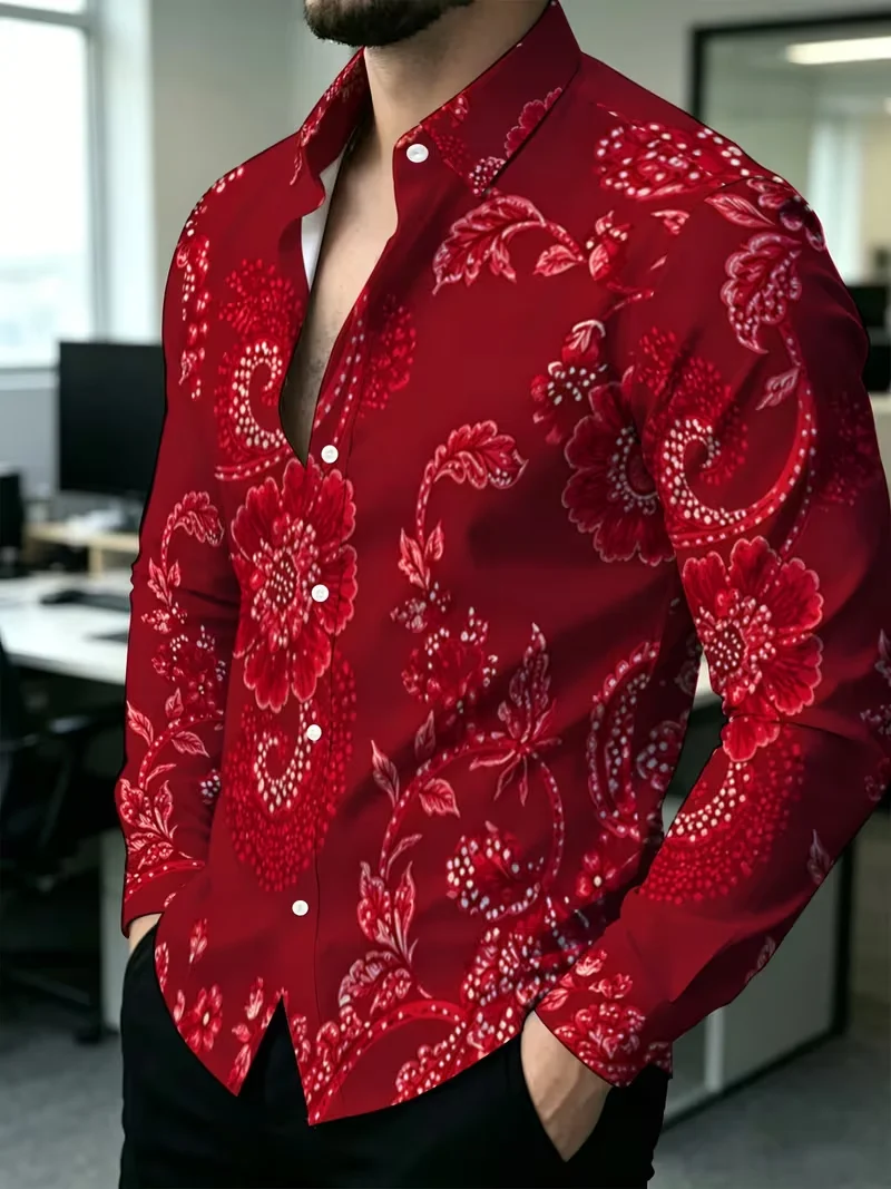 New Purple Orange Baroque Curly Grass Vortex Vine Printed Long Sleeve Shirt Matte Smooth Satin Collar Men's Top