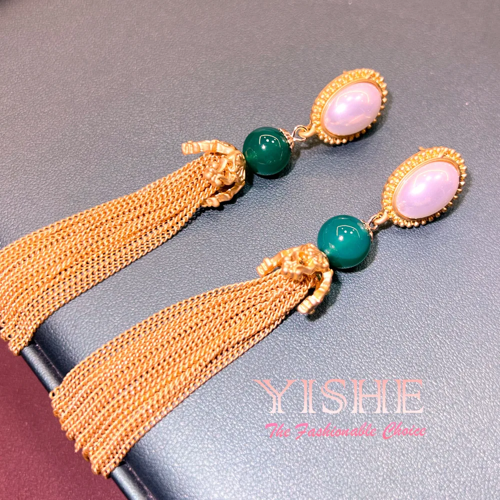 New medieval pearl chalcedony fringed earrings, plated with real gold vintage cross-border hot-selling S925 light luxury premium