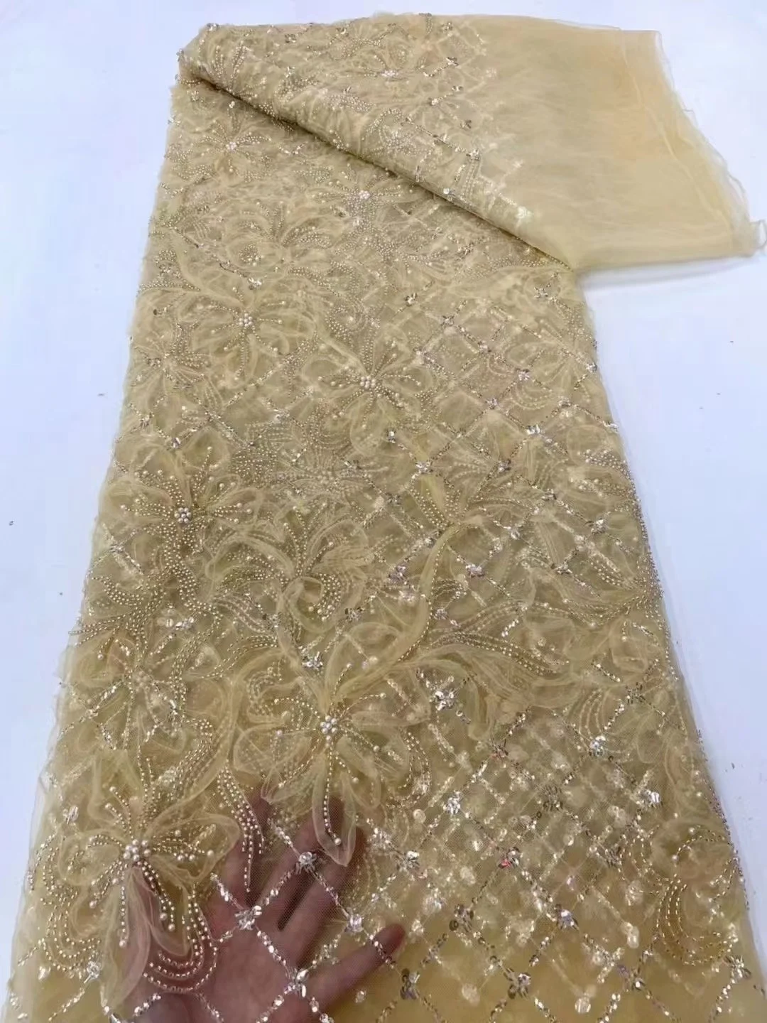 

Gold Lace Fabric Nigeria Beaded Fabric Luxury With Pearls Sequins African Lace Fabric For Wedding Party Bridal Lace Fabrics