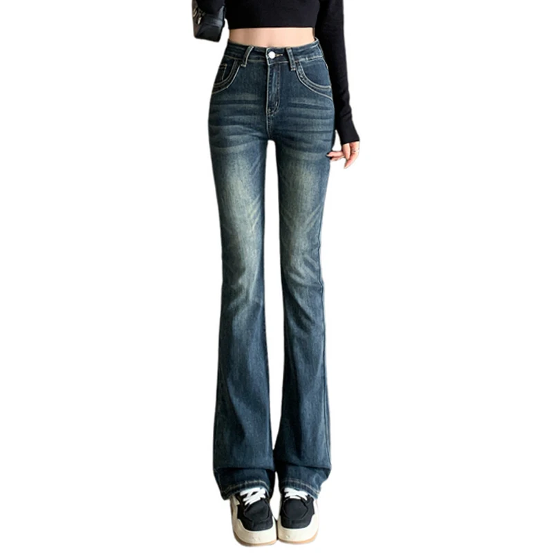 

2025 Fashion Casual Women Flare Jeans Skinny High Waist Blue Gray Denim Pants Lady Classic Casual Long Trousers Retro Mom Jeans
