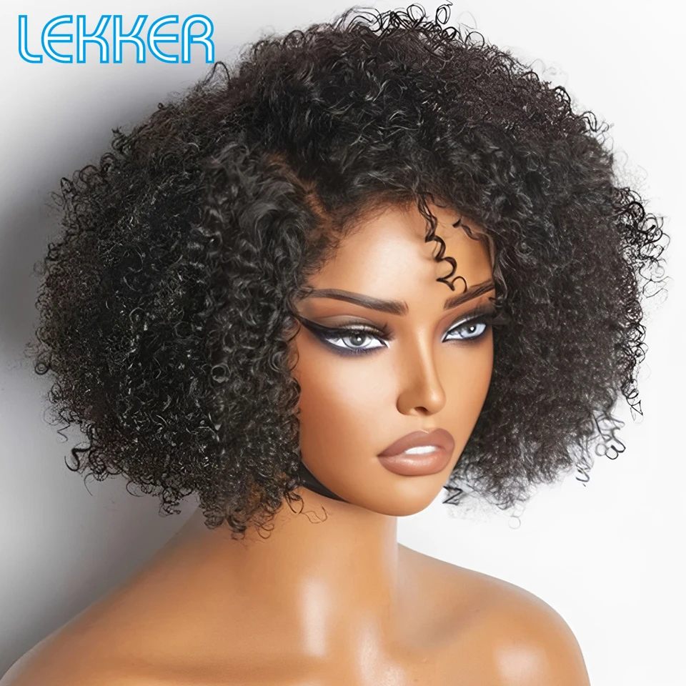 

Парик Lekker Black Short Afro Kinky Curly Right Part Lace Bob из 100% натуральных человеческих волос для женщин, бразильские волосы Remy, без клея, для повседневного использования.