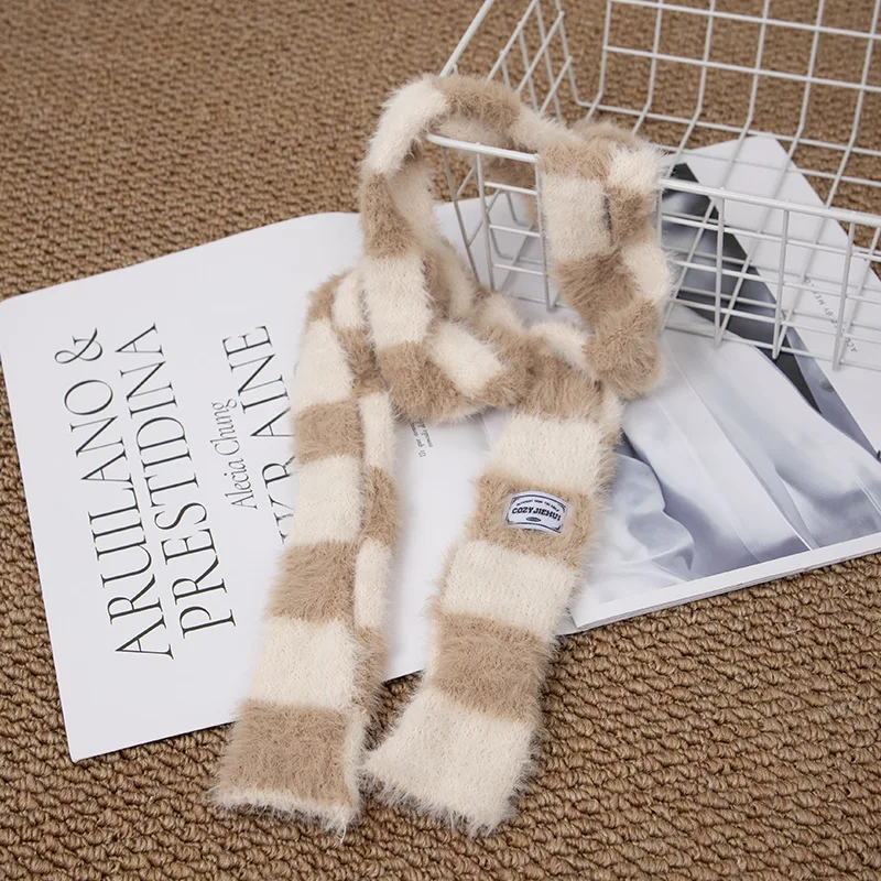 Y2k Striped Plush Narrow Long Scarf Soft Sausage Knitted Wool Thin Scarf Girls Clothing Accessories 2025 New Trendy