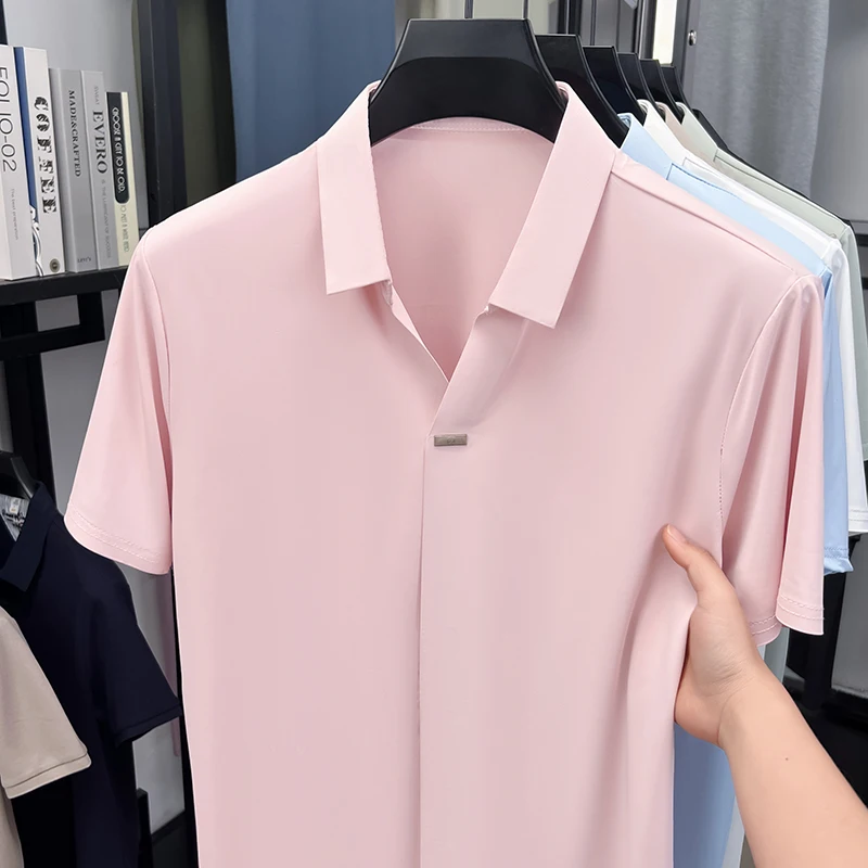 Herren Eisseide Hemd mit verdecktem Knopf, Reverskragen, Kurzarm, Slim Fit, weich, knitterfrei, atmungsaktiv, Sommer-Oberteil – Detail 11
