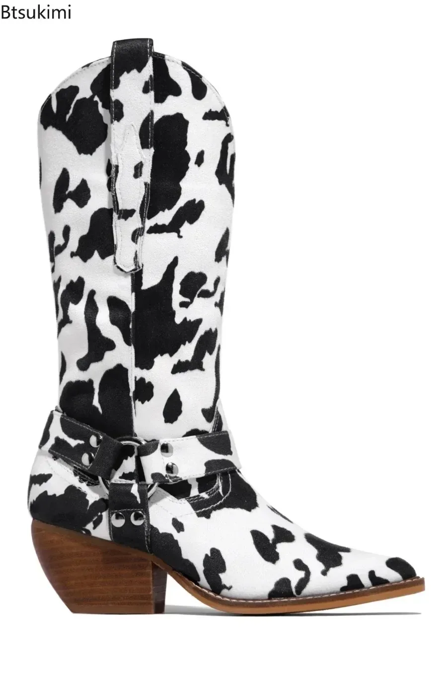 Nuevo 2024 Botas de vaquero del oeste para mujer, Botas occidentales con puntero de tacón grueso y estampado de vaca aterciopelada, Botas informales