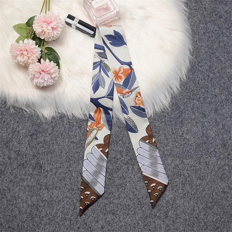 2023 New 100% Silk Scarf Women Luxury Natural Silk Scaves Slender Hair Band Wrap Women's Bag Scarf Fashion Accessories Headband