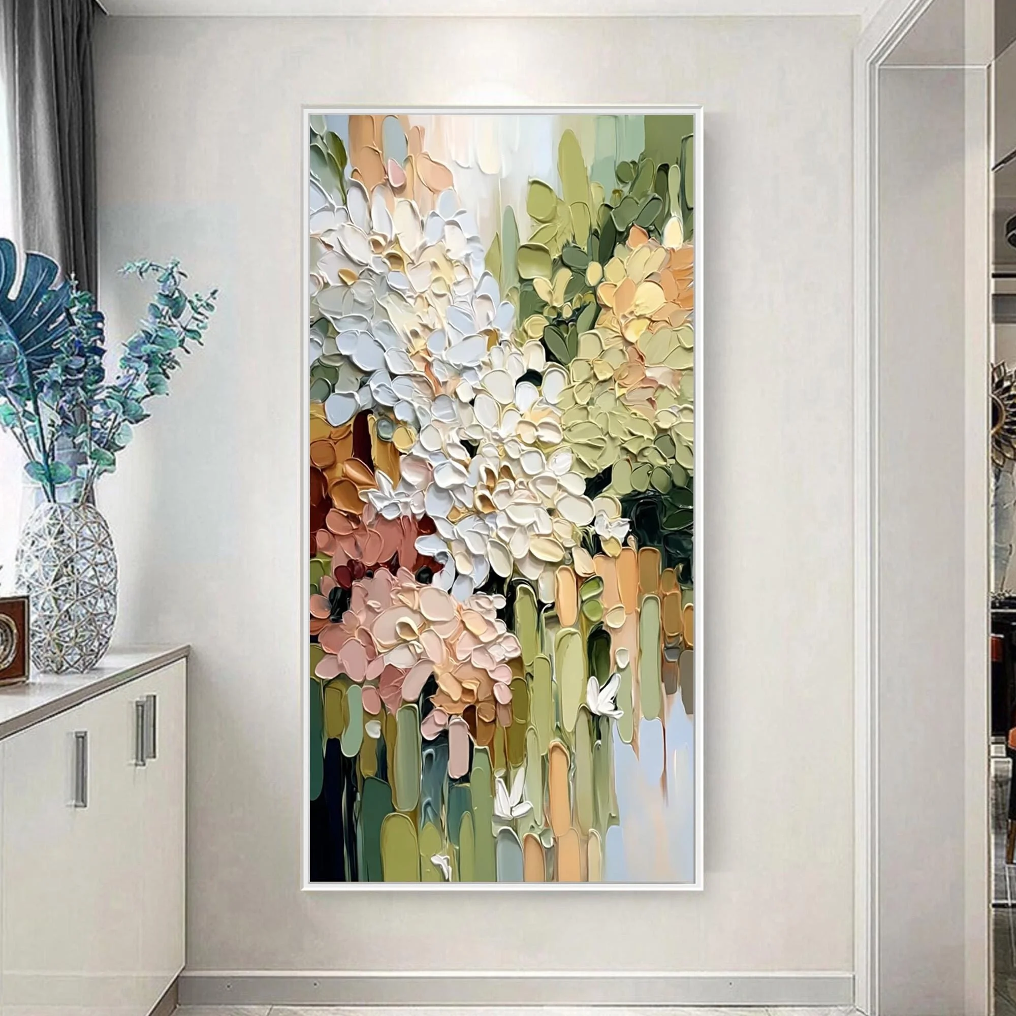 2D Flat Modern Abstract Floral Textured Canvas Prints Poster Large Vertical Neutral Sage Green & Blush Pink Art Print Home Decor