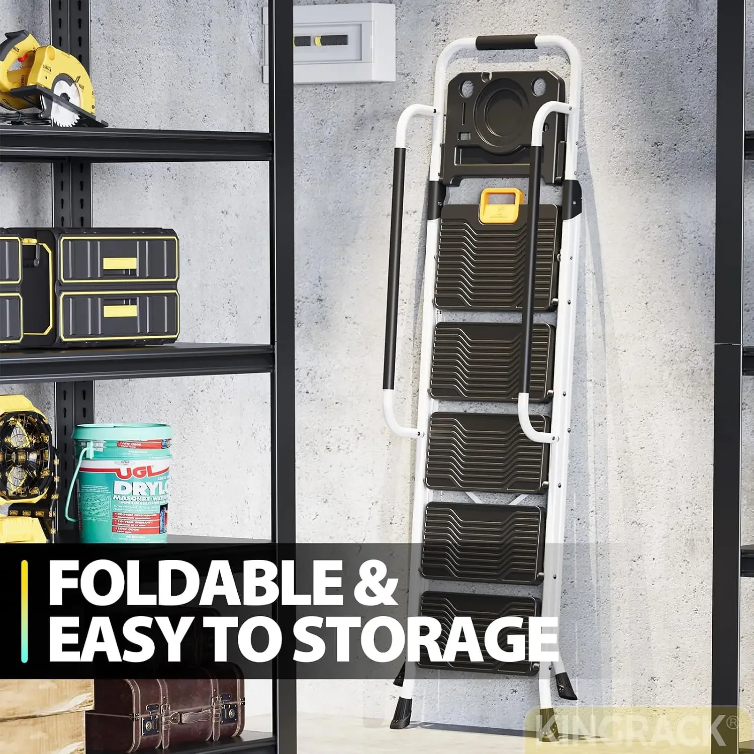 Folding 5-Step Ladder, 800 lbs Capacity Step Stool with Safety Lock, Tool Tray, Non-Skid Wide Steps, Handrail, Household Folding