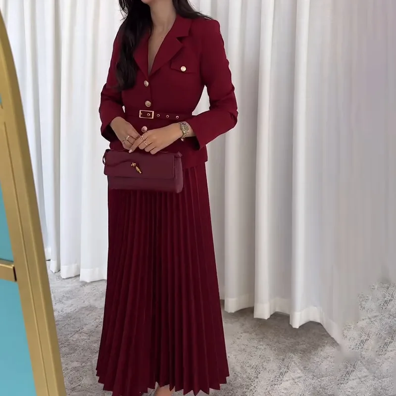 2025 Spring Long Dresses Women's Two Piece Dress Autumn Suit Coat Full Sleeve Blazer Maxi Pleated Skirt Belt Black Two-piece Set