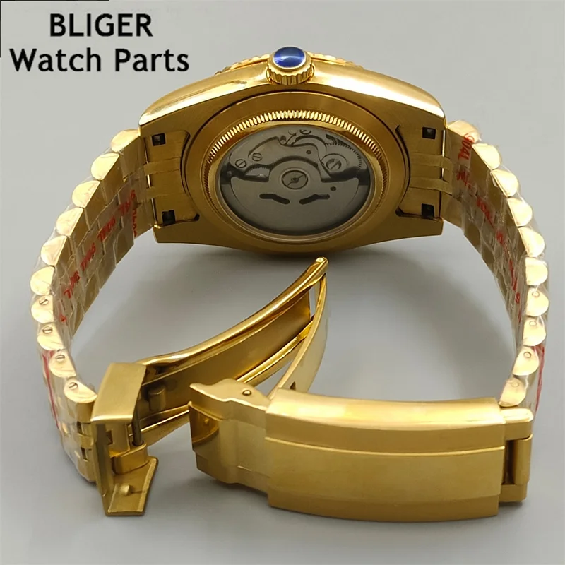 BLIGER Gold watch  Bezel NH35A 36MM/39MM Automatic Men Watch Palm Dial red Index Sapphrie Crystal Jubilee Strap