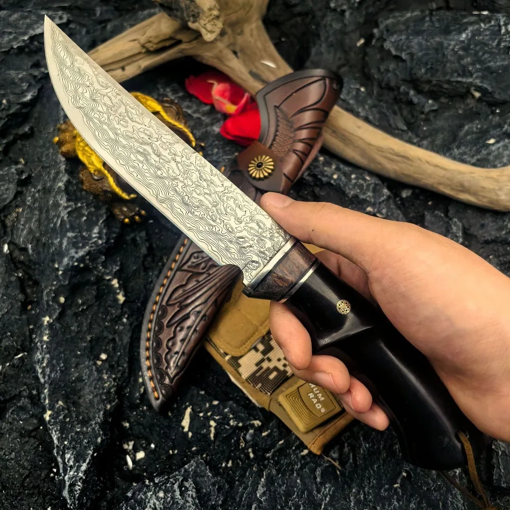 

Дамасский / SKD-11 Sharp Drop Point Blade Ручки из черного дерева Кемпинг EDC Военные охотничьи ножи Bushcraft Тактический нож для выживания
