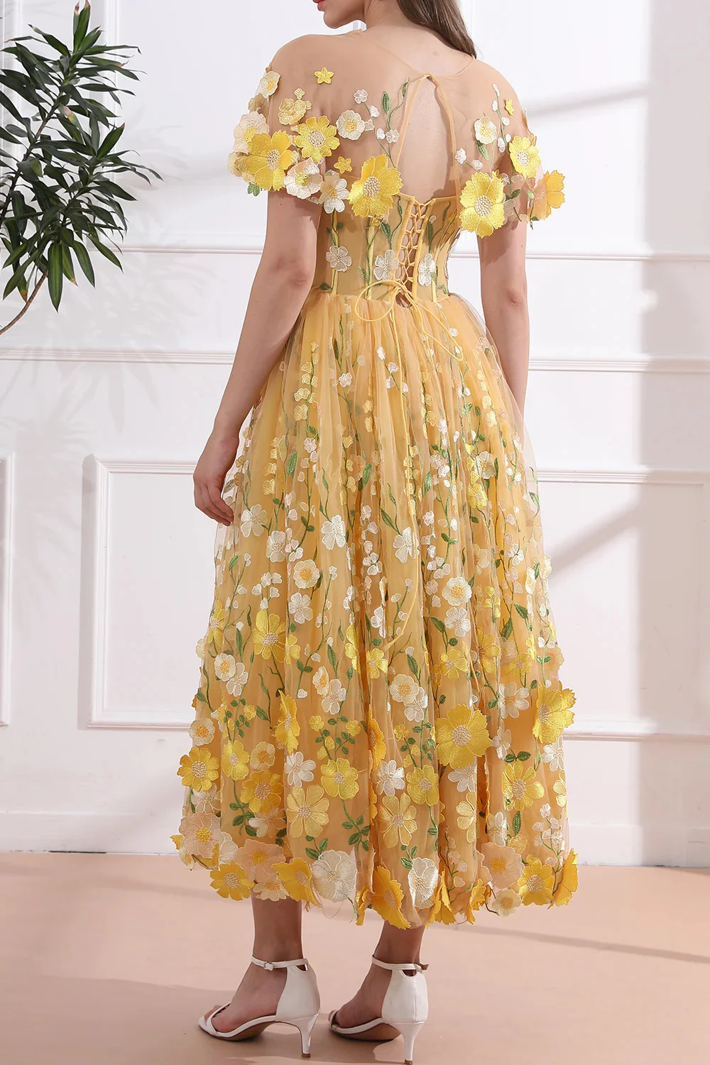 Jessica Yellow Embroidery Flowers Sweetheart Wedding Dress Fairy Luxury Tulle Elegant PromDresses فساتين سهرة Vestidos De Fiesta