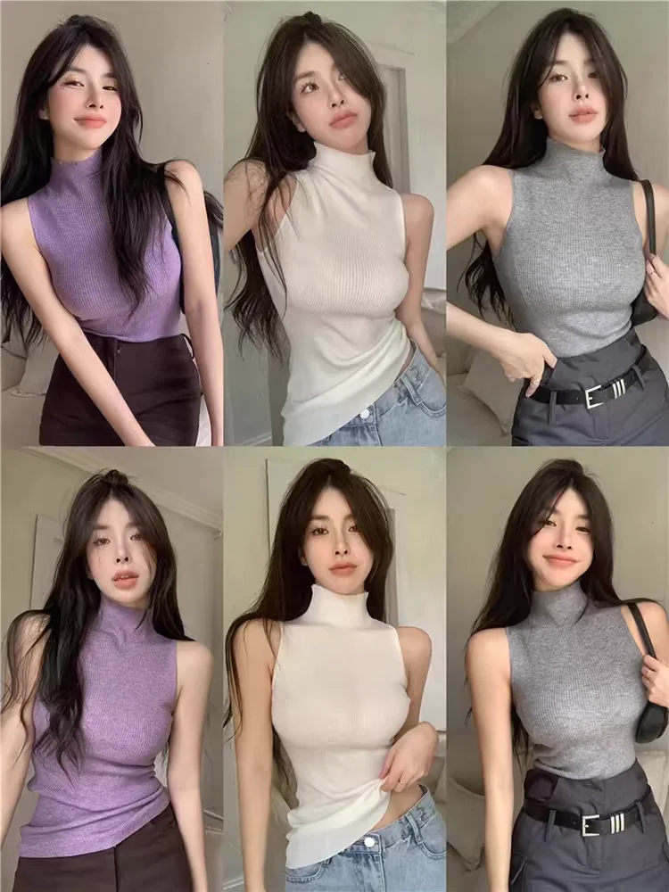 Mode Rippen Gestrickte Sexy Tops Rollkragen Sommer Grundlegende Shirts Dünne Dünne Lila Casual Ärmellose Weste frauen Tank Top – Detail 10