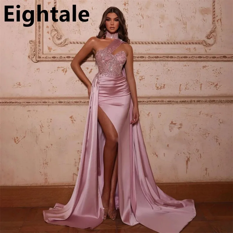 

Pink Spark Sequins Formal Evening Dresses High Neck Saudi Arabia Mermaid Celebrity Gowns Beadings Side Slit Ruched Party Dress