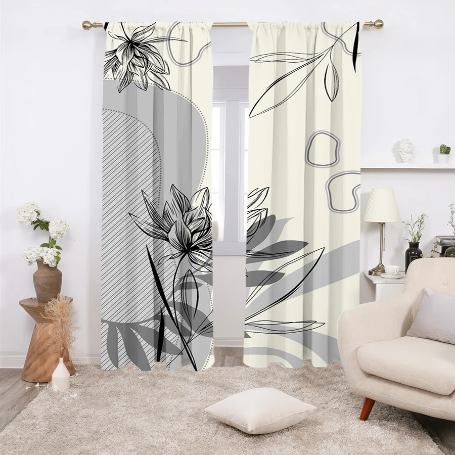 2PCS, Multicolor, Monochrome Lotus Line Art with Geometric Accents Curtains, for Bedroom and Living Room, Rod Pocket Style